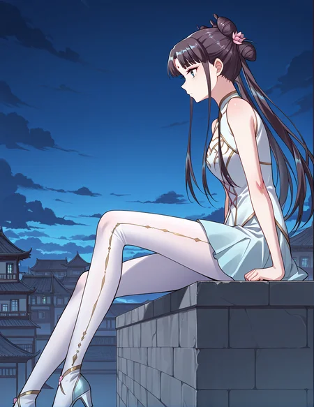 <lora:Gu_Xianer:1>
1 girl, solo, long hair, black hair, twintails, long hair, hair bun, bangs, sidelocks, double bun, blue eyes
chinese dress, forehead mark, skirt, high heels, bare shoulders, white pantyhose, sleeveless, hair flower, hair ornament
score_9, score_8_up, score_7_up, score_6_up, source_anime, masterpiece, best quality, absurdres, highres, newest, anime coloring <break> 1girl, solo, sitting, on wall, from side, town, night sky, cloud