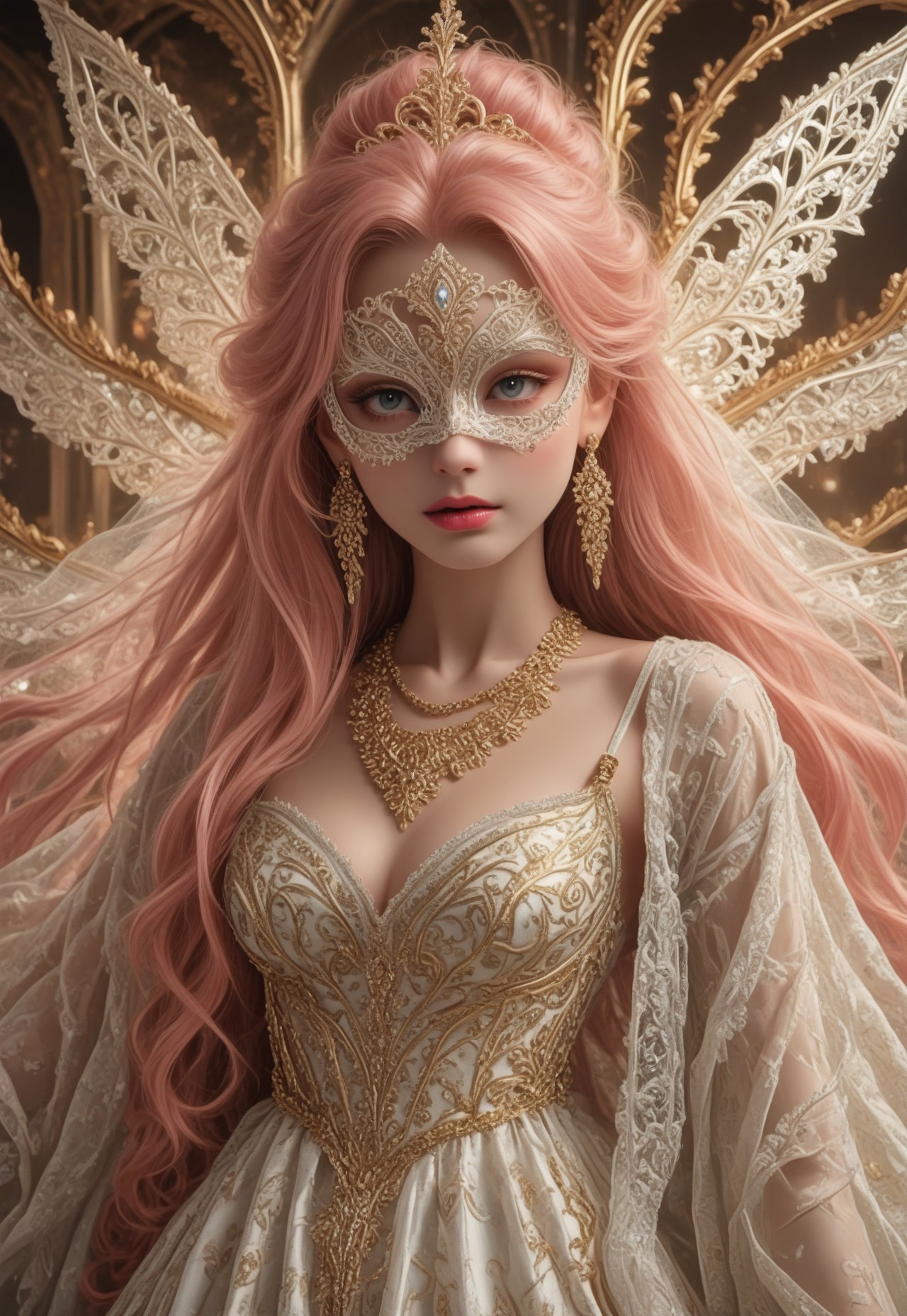 safe_pos, pmg style, score_9, score_8_up, score_7_up, score_6_up, 
pink hair, ((very long hair:1.4)), ((white puppet:1.2)), ((white lace mask:1.3)), gold pattern mask, (slender:1.2), glowing transparent wings, wings on back, huge fractal patterned wings, slender, beautiful breasts, white shining dress, see-through shawl, fancy shawl, full of gold ornaments dress, tiara, extravagant jeweled necklace, crazy extravagant, excessive glittering decorations on dress, complicated patterned dress, flowers, long earrings, glitters on dress, jewelry, layered dress, complicated patterned dress, excessive extravagant ornaments, 