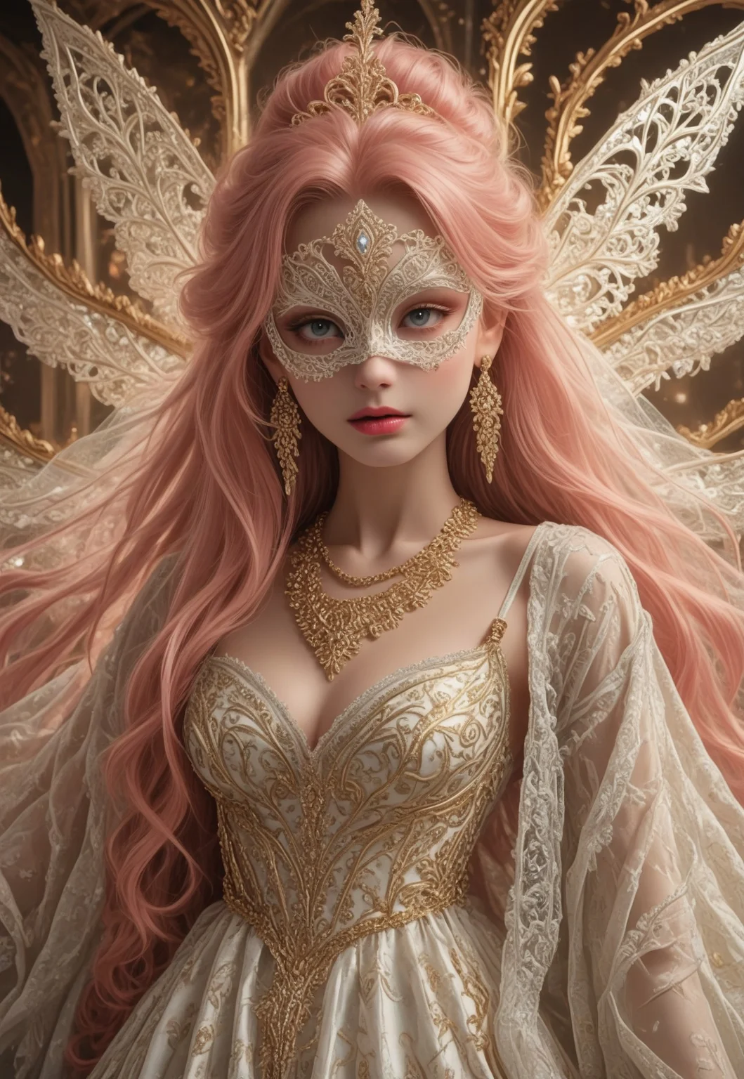 safe_pos, pmg style, score_9, score_8_up, score_7_up, score_6_up,
pink hair, ((very long hair:1.4)), ((white puppet:1.2)), ((white lace mask:1.3)), gold pattern mask, (slender:1.2), glowing transparent wings, wings on back, huge fractal patterned wings, slender, beautiful breasts, white shining dress, see-through shawl, fancy shawl, full of gold ornaments dress, tiara, extravagant jeweled necklace, crazy extravagant, excessive glittering decorations on dress, complicated patterned dress, flowers, long earrings, glitters on dress, jewelry, layered dress, complicated patterned dress, excessive extravagant ornaments,