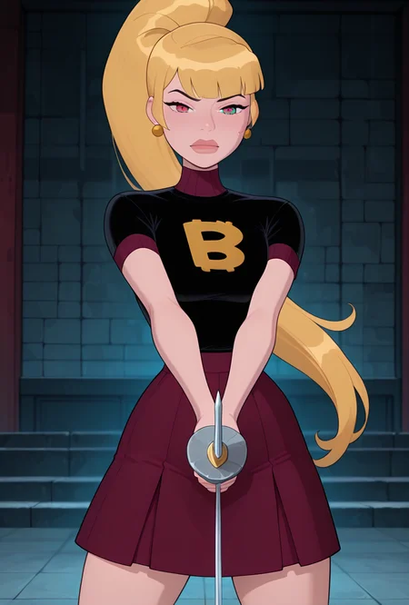 <lora:mazuma-10:1> mazuma, blonde hair, ponytail, long hair, 1girl, earrings, black shirt, short sleeves, short skirt, red blue eyes, heterochromia, lips, maroon skirt, ((cartoon,  screencap)), dynamic pose, expressive,  amazing quality, best quality, facial expression ,  <lora:Lets dance [IL]:1> let's dance, holding sword, katana, holding weapon, masterpiece, best quality, amazing quality, very aesthetic, absurdres, newest,
