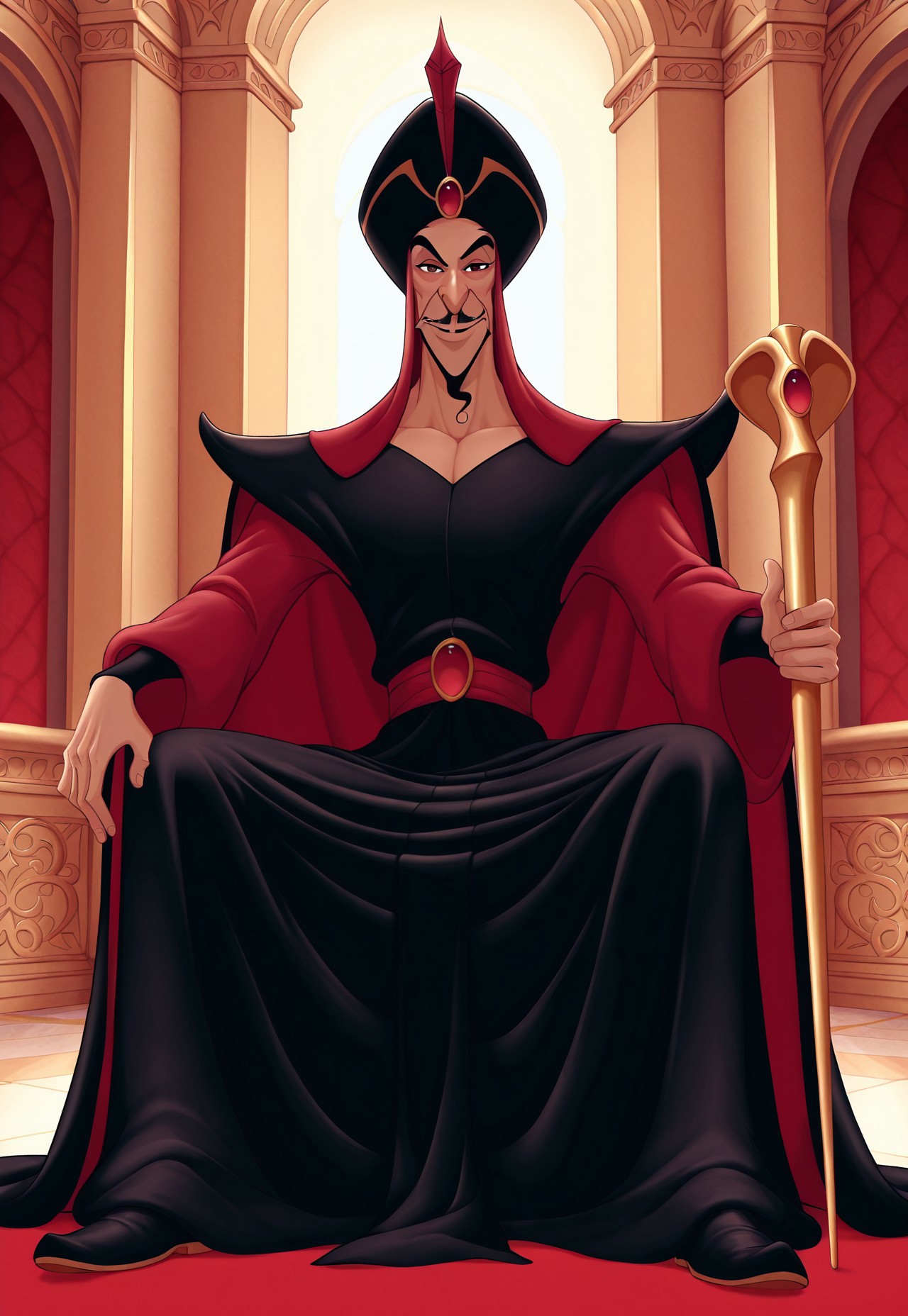solo, masterpiece, modern, new, 1boy, male, masculine face, daddy looking face, w0lfc0nf

DisneyJafar, hat, mustache, facial hair, cape, black robes, looking at viewer, smiling, sitting down, manspreading, palace, holding staff
