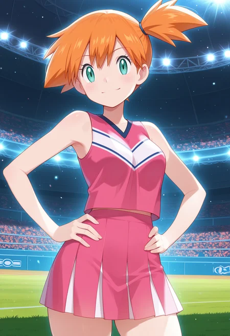 masterpiece, best_quality, amazing_quality, ,11girl, solo, looking_at_viewer, misty_\(pokemon\), orange_hair, side_ponytail, 1dawncheer, sleeveless, pink_shirt, pink_skirt1smile111, stadium, standing,hands_on_hips