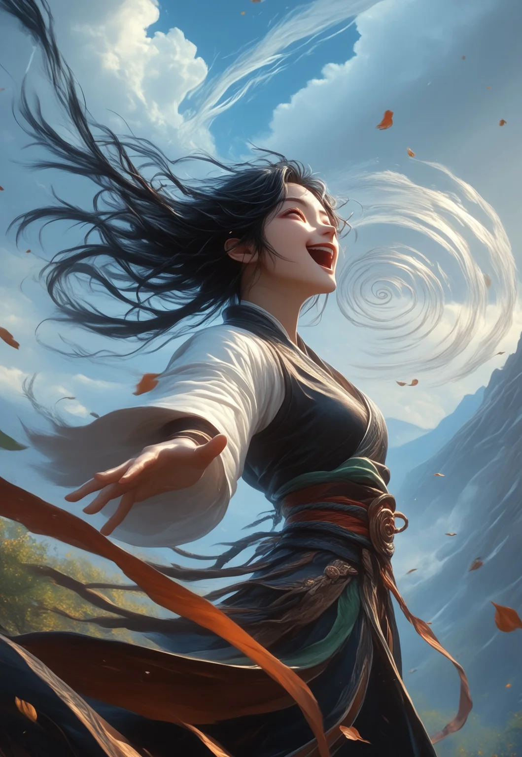 safe_pos, score_9, score_8_up, score_7_up, ((( best frontal view from below, smiling, happy, open mouth )))
,
((( Airmagmb, wind, leaf, windswept hair, sky, cloud)))
,
(( 1girl, solo, beautiful, elegant, ))
,
((( Wind spiral, flying in air, levitating,)))
,
((( Mountain )))
,
(( ))
,
(( ))
,
((( Meilinmb, black hair, long hair )))
,
()