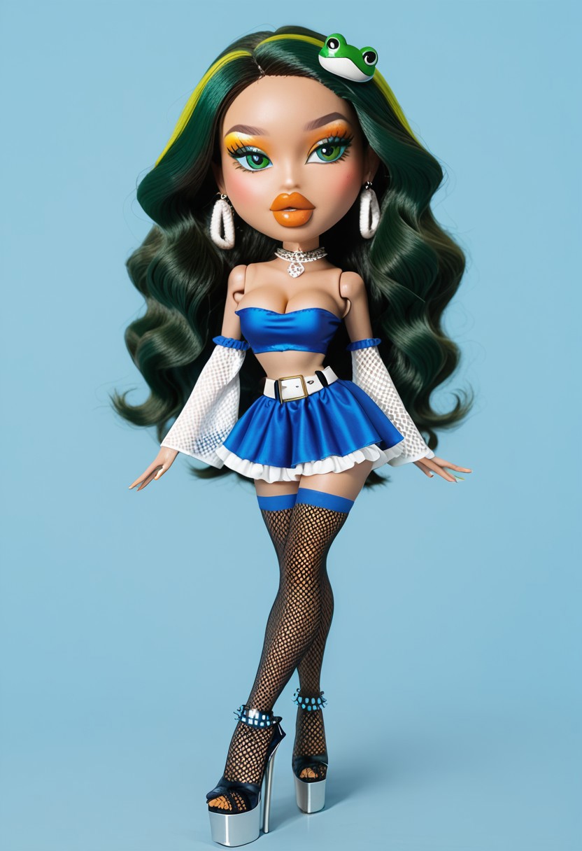 score_9,score_8_up,score_7_up,score_6_up,, bratzxl,Bratz doll with detailed eyes and big lips and white curly rococo hair wearing versace colorful flowers blue dress , breasts, full body , plastic skin , (((doll joints))), (masterpiece, top quality, best quality, beautiful and aesthetic:1.2), (((kochiya sanae))), doll, chibi, bimbo, (((big head))), kochiya sanae, 1girl, green hair, long hair, green eyes, frog hair ornament, hair tubes, snake hair ornament, collared shirt, white shirt, detached sleeves, wide sleeves, blue skirt, frilled skirt, beltskirt, thighhighs, hair_between_eyes, midriff, navel,(((makeup))), (((eyeshadow))), green eyeshadow, eyeliner, thick eyebrows, thick eyelashes, (((thick lips))),(((very thick lips))), bimbo lips, green lips, closed mouth, cowboy shot, (((earrings))), looking to the side, <lora:BratzXL:0.9>, high heels, platform heels, slutty_clothes, choker, thighhighs, fishnets, curvy, breasts, spiked choker, jewelry, bracelet, armlet, necklace, anklet, elbow gloves, belt, tube top, lingerie, cleavage, solo, simple background