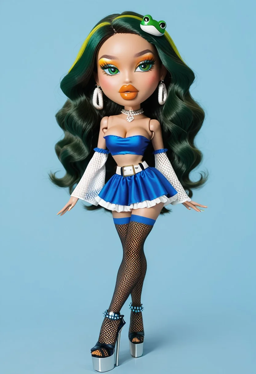 score_9,score_8_up,score_7_up,score_6_up,, bratzxl,Bratz doll with detailed eyes and big lips and white curly rococo hair wearing versace colorful flowers blue dress , breasts, full body , plastic skin , (((doll joints))), (masterpiece, top quality, best quality, beautiful and aesthetic:1.2), (((kochiya sanae))), doll, chibi, bimbo, (((big head))), kochiya sanae, 1girl, green hair, long hair, green eyes, frog hair ornament, hair tubes, snake hair ornament, collared shirt, white shirt, detached sleeves, wide sleeves, blue skirt, frilled skirt, beltskirt, thighhighs, hair_between_eyes, midriff, navel,(((makeup))), (((eyeshadow))), green eyeshadow, eyeliner, thick eyebrows, thick eyelashes, (((thick lips))),(((very thick lips))), bimbo lips, green lips, closed mouth, cowboy shot, (((earrings))), looking to the side, <lora:BratzXL:0.9>, high heels, platform heels, slutty_clothes, choker, thighhighs, fishnets, curvy, breasts, spiked choker, jewelry, bracelet, armlet, necklace, anklet, elbow gloves, belt, tube top, lingerie, cleavage, solo, simple background