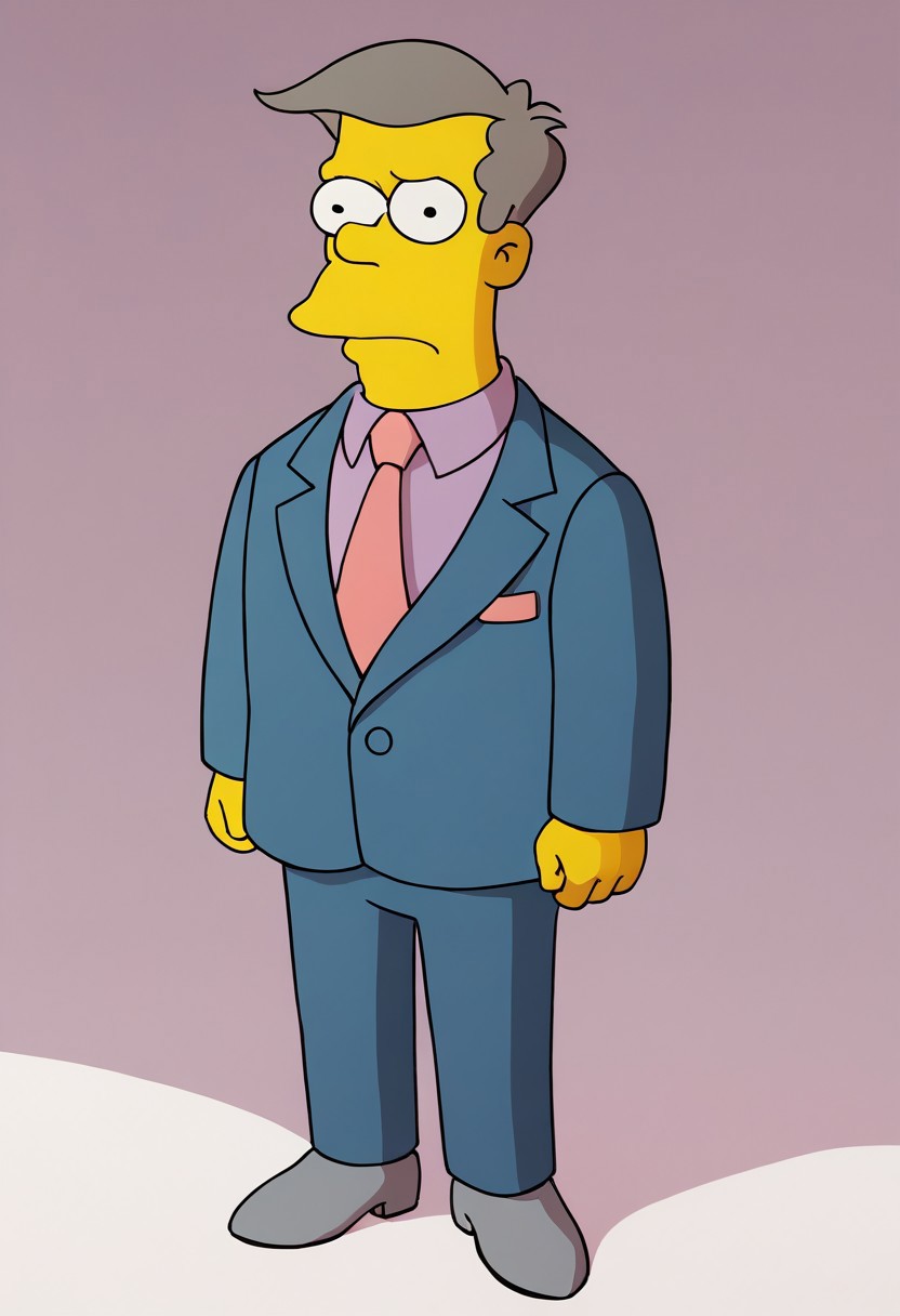 score_9, score_8, score_9, theSimpsonsstyle, solo, 1boy, ((skinner:1.20)),  \(the simpsons\)/,(ultra HD quality details), short, straight, grey hair, large nose,
suit, cerulean business suit, grey shoes, leather shoes, necktie, pink tie, shirt, lavender shirt,