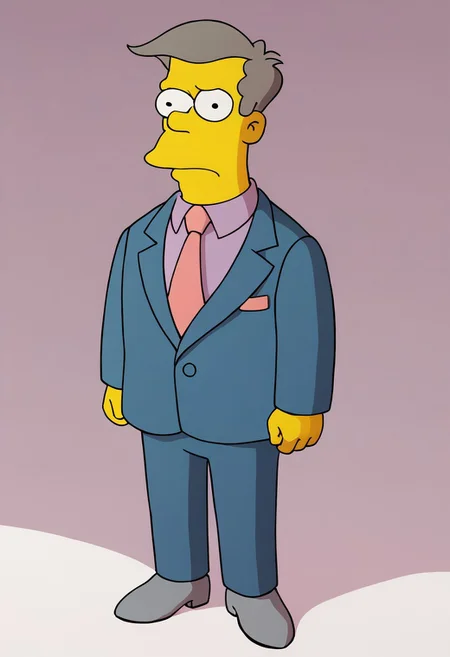 score_9, score_8, score_9, theSimpsonsstyle, solo, 1boy, ((skinner:1.20)),  \(the simpsons\)/,(ultra HD quality details), short, straight, grey hair, large nose,
suit, cerulean business suit, grey shoes, leather shoes, necktie, pink tie, shirt, lavender shirt,