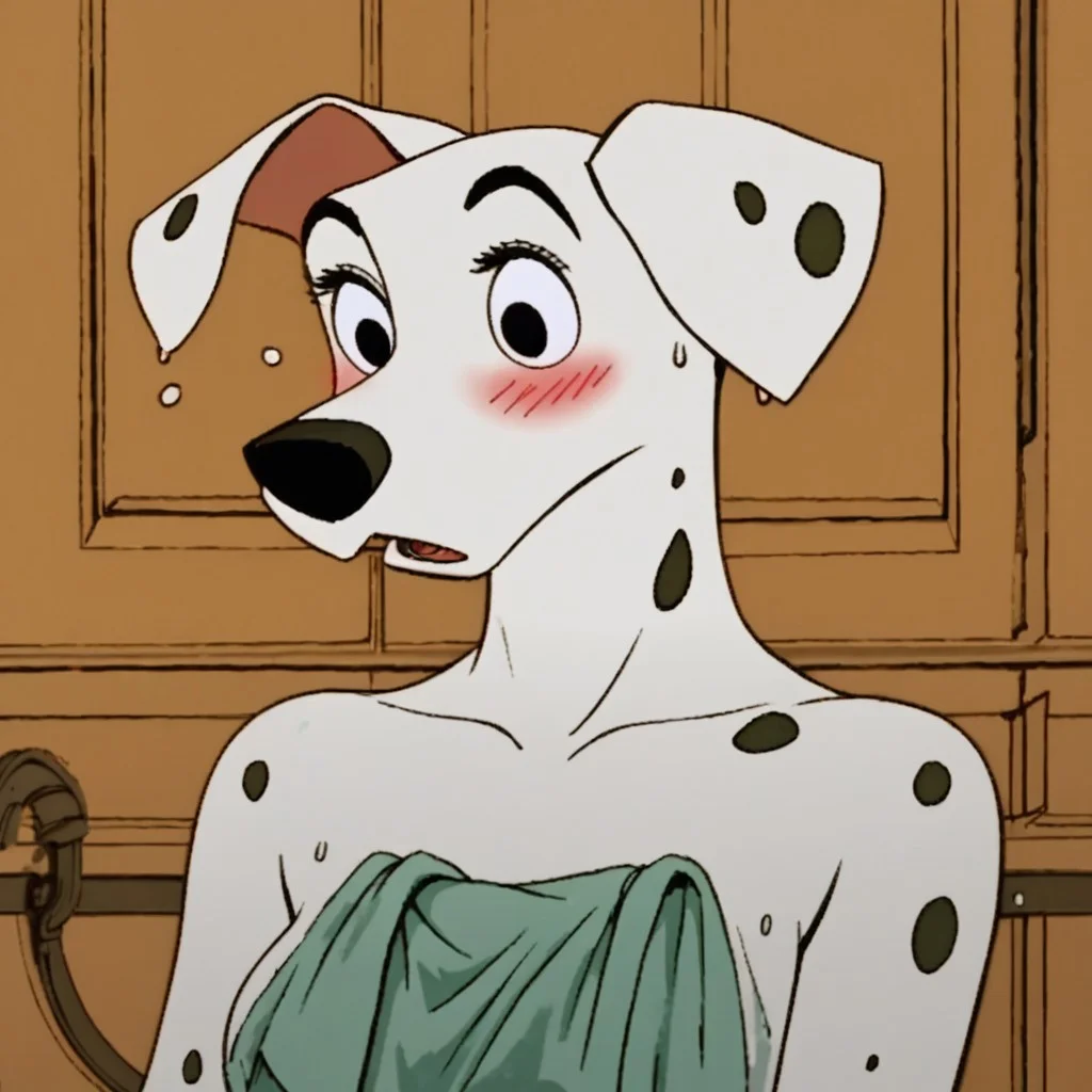 score_9, score_8_up, score_7_up, j_cartoon, Disney, highly detailed, ((detailed shaders)), BREAK, perdita, ((Dalmatian)), black eyes, anthropomorphic dog, eyes open, eyes wide open, surprised expression, blushing, curvy body, wet, towel around her torso, towel on her head,