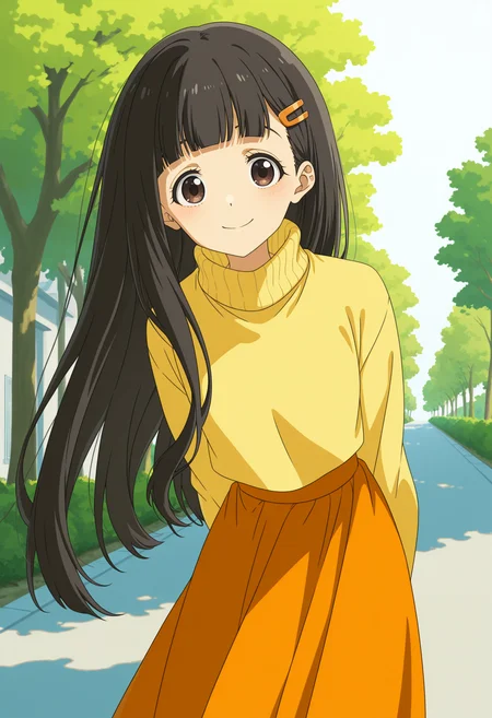 <lora:nukumizu_kaju_illustrious-000024:1>,
TMLH_NK,1girl,long hair,black hair,smile,hair ornament,solo,yellow sweater,long skirt,looking at viewer,blunt bangs,turtleneck,turtleneck sweater,orange skirt,hairclip,brown eyes,white_background,simple_background,outdoors,tree,street