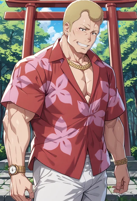 score_9, score_8_up, score_7_up, source_anime, houjouteppei, 1boy, solo, grin, mature male, muscular, blonde hair, short hair, black eyes, nature, torii, red and pink hawaiian shirt, white pants, wristwatch, necklace, cleft chin, extremely detailed, 8k, best quality, amazing quality, best aesthetic, absurdres <lora:teppei_pony-2-18:1.5>