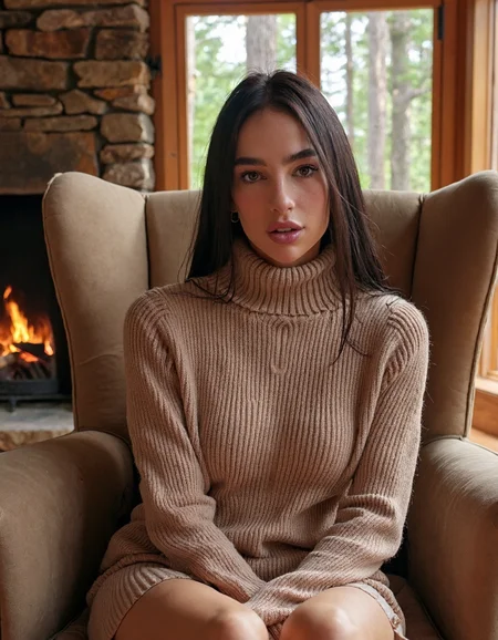 Subject: A woman sitting on a plush, oversized armchair in a cozy, rustic cabin surrounded by towering trees and a crackling fireplace.
Lighting: Warm, golden light from the fire casting a cozy ambiance.
Camera Angle: Eye-level shot, looking straight at the woman's face as she gazes out at the viewer.
Composition Style: Leading lines of the chair and surrounding decor converge to her eyes.
Clothing: High-necked, long-sleeved sweater in soft, earthy tones with a chunky knit pattern.
