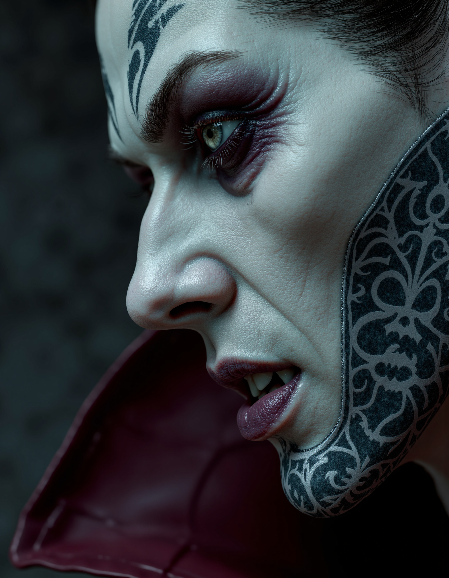 zavy-vmpr, Extreme close-up of a face in side profile, a gothic vampire with intricate silver filigree tattoos tracing his jaw and neck, a piercing gaze that blends seduction and menace, captured in a chiaroscuro style emphasizing dramatic shadows and highlights, a rich palette of deep burgundy and midnight blue with hints of iridescent silver.