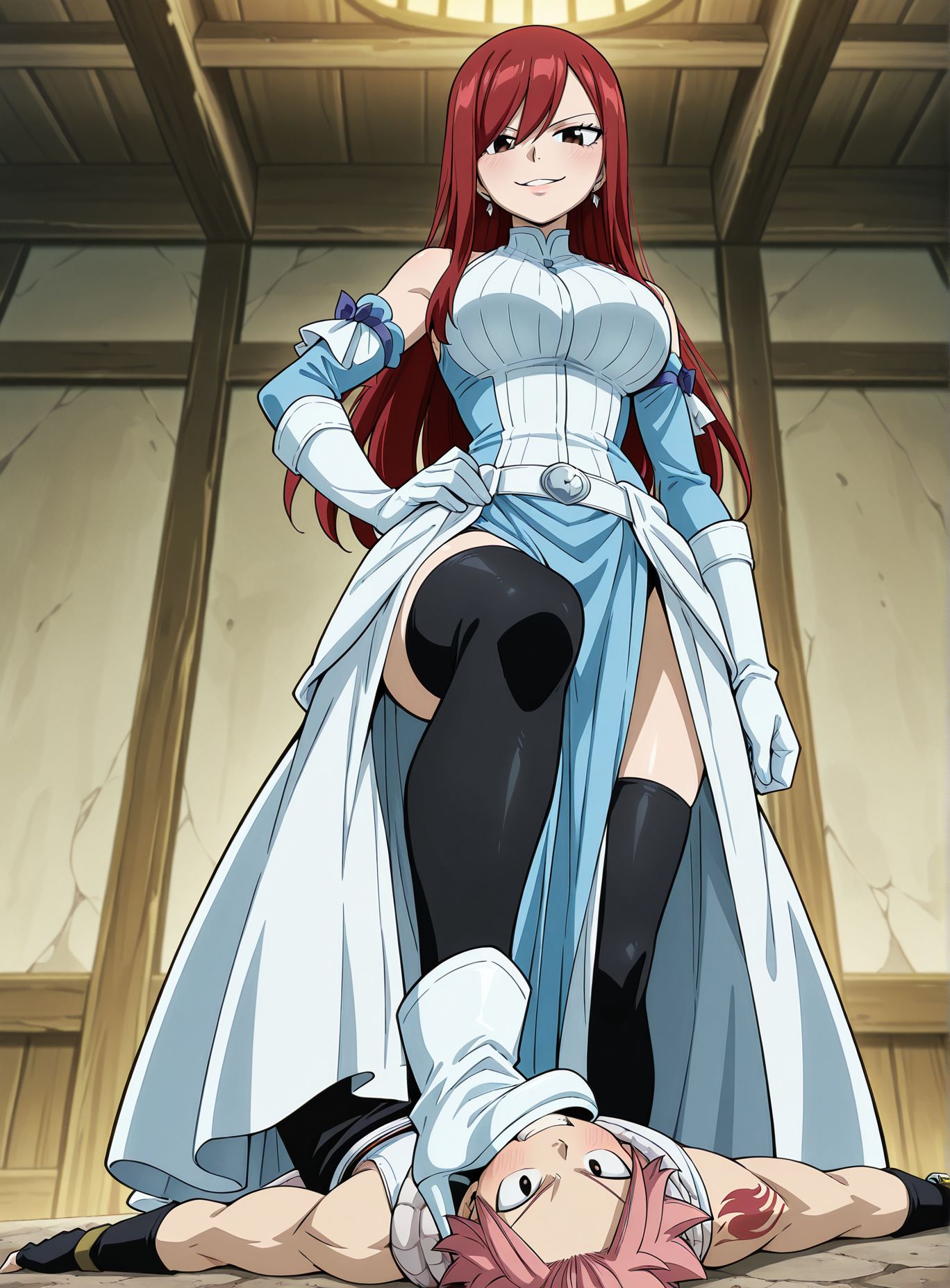 masterpiece, best quality, newest, absurdres, highres, detailed eyes, beautiful, detailed background, perfect eyes, anime coloring, anime screencap,
<lora:Stepping_on:0.8>Stepping_onV1,
1girl,femdom,1boy,full body, 
hetero,gloves,seductive smile,on back male,
stepping on,stepping on face,
FAIRY TAIL,official art, 
Erza Scarlet,
Natsu Dragneel,