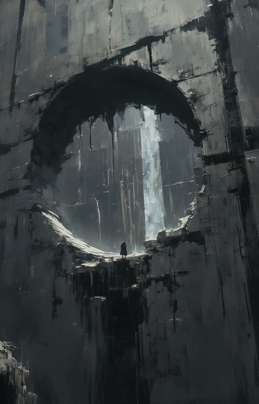 digital art,  a large imposing structure with a large circular hole in its center. A lone figure stands at the edge of this hole looking into the void. The structure's surface is textured with a pattern resembling old weathered stone or brickwork. The overall tone of the image evokes feelings of mystery solitude and perhaps introspection <lora:MJanime_Flux_LoRa:1> <lora:- Flux1 - the_edgy_mech_V1.0-step00003400:.4>