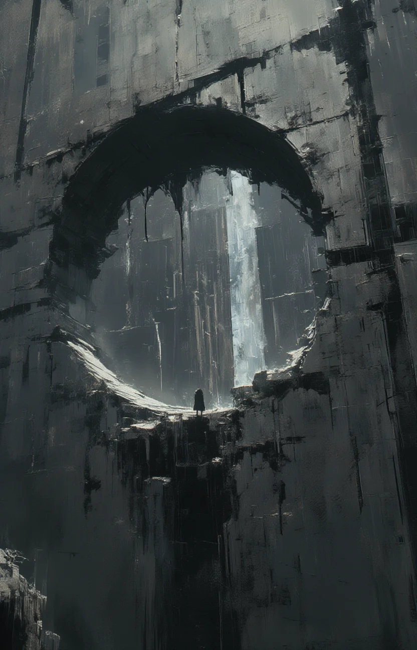 digital art, a large imposing structure with a large circular hole in its center. A lone figure stands at the edge of this hole looking into the void. The structure's surface is textured with a pattern resembling old weathered stone or brickwork. The overall tone of the image evokes feelings of mystery solitude and perhaps introspection <lora:MJanime_Flux_LoRa:1> <lora:- Flux1 - the_edgy_mech_V1.0-step00003400:.4>