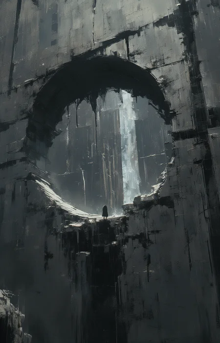 digital art, a large imposing structure with a large circular hole in its center. A lone figure stands at the edge of this hole looking into the void. The structure's surface is textured with a pattern resembling old weathered stone or brickwork. The overall tone of the image evokes feelings of mystery solitude and perhaps introspection <lora:MJanime_Flux_LoRa:1> <lora:- Flux1 - the_edgy_mech_V1.0-step00003400:.4>