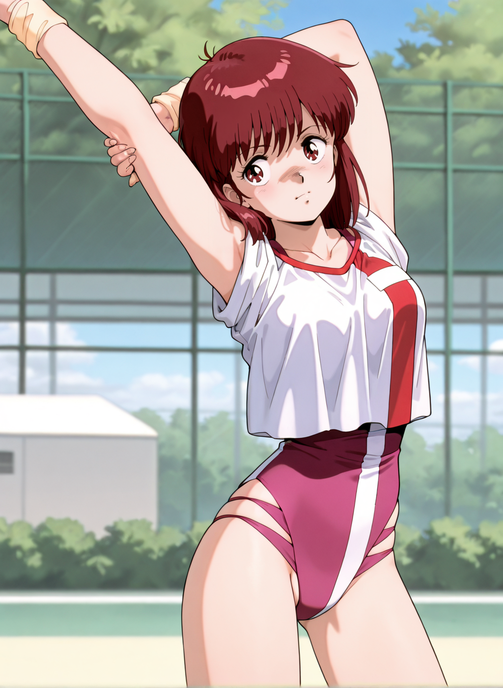 High quality,Ultra detailed,best quality,insanely detailed,beautiful,masterpiece,absurdres,very aesthetic,sensitive BREAK
<lora:takaya_noriko_V1_NOOB:1>,(takaya noriko, top wo nerae, red hair, short hair, brown eyes, 1980s \(style\), retro artstyle),(pink leotard,gym uniform,white shirt,collarbone,wristband,leotard under clothes),1girl,solo,posing,outdoors,standing,stretching,