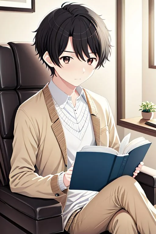 high resolution, solo, best quality, 1Boy, Inaho Kaizuka, Black hair, Brown Eyes, Reading a book, armchair, blanket, quiet, OverallDetail