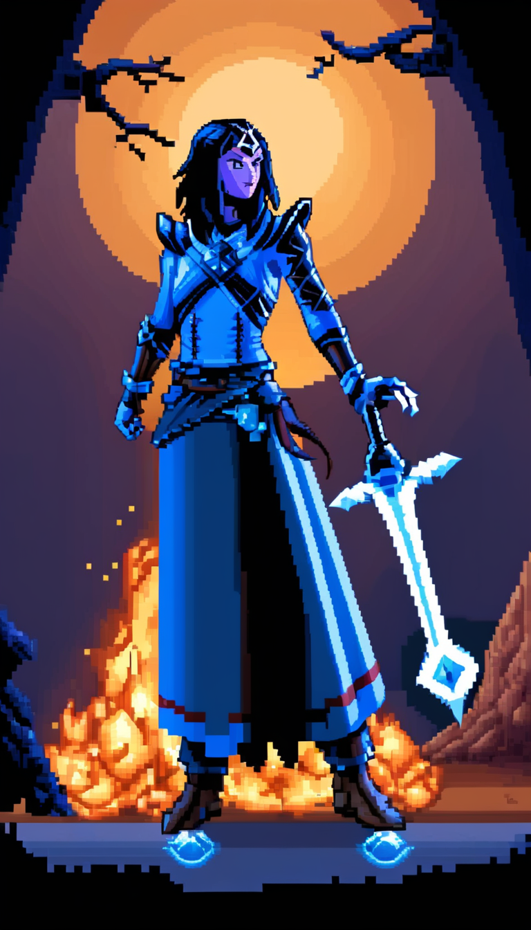 pixel-art Cinematic scene, hero view, d4s sorceress, action pose, detailed background, masterpiece, best quality, high quality, absurdres <lora:diablo_4_sorceress_v0.0.2:1> . low-res, blocky, pixel art style, 8-bit graphics