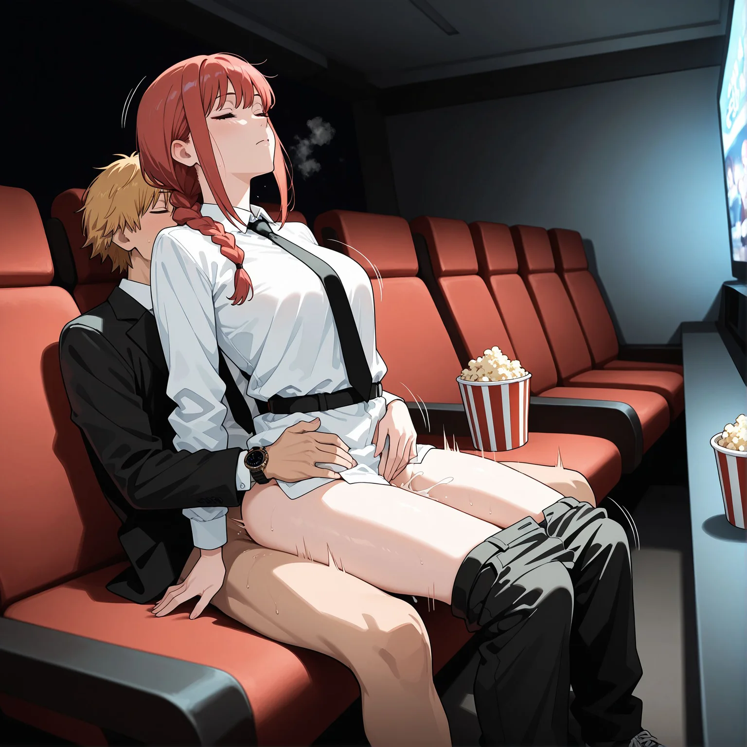 masterpiece,best quality,amazing quality,very aesthetic,absurdres,newest, huge filesize,
<lora:spo_sdxl_10ep_4k-data_lora_webui:0.5>, anime coloring,
<lora:add-detail-xl:1>
<lora:Hand-Supported_Chair_Pose:0.5>
tegake,
1girl,hetero,
sex,1boy,
reverse cowgirl position,
straddling,sex from behind,girl on top,closed eyes,
<lora:DarkerThanDarkV0.8:1>white shirt,
(dark room:1.5) ,dark theme, movie theater, seat,watch movie,indoors, watching movie,clothed sex,necktie,
motion lines, motion blur, cum, closed eyes, suit,popcorn,pants pull,
BREAK
denji \(chainsaw man\),
makima,