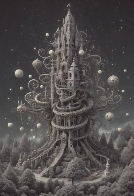 an intricate tower, mythical serpent wrapped around tower, (negative space, layer, sigils). orbs and moons, forging cluster astral keys, tetrahedral trees, (three planes), OverallDetail