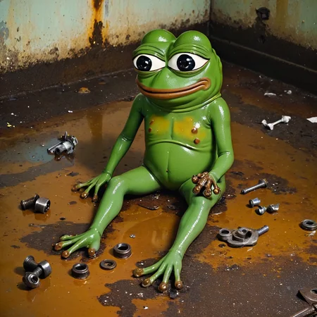 A place with oil stains on the floor with remains of bodywork and screws and a lot of rusty things, (((pepe_frog))), 1 boy <lora:pepe_frog SDXL:1.2>