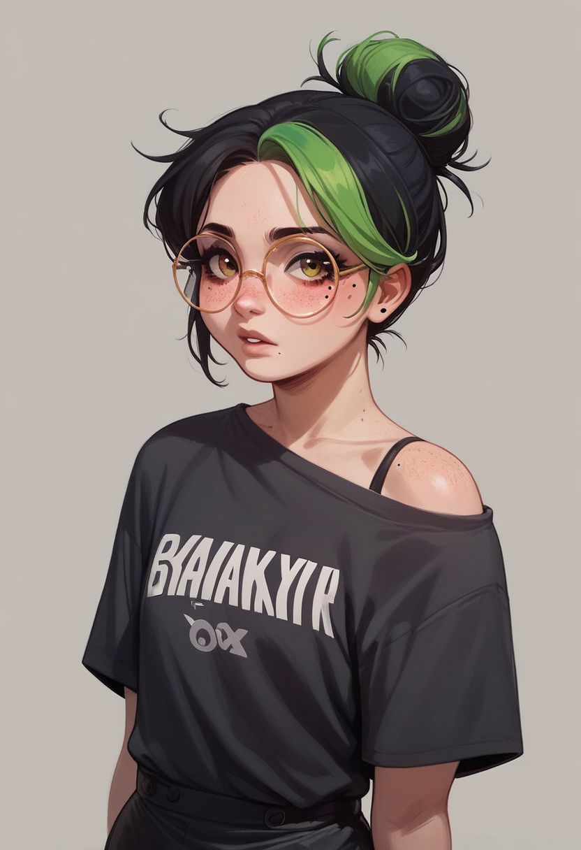 score_9, score_8_up, score_7_up, 1woman, anime, hentai, official art, break mixxxed, green black multicolored hair,  freckles,mole, hair bun, round eyewear, break, twerking, live on twitch, banned, simple background, gamer room, onlyfans