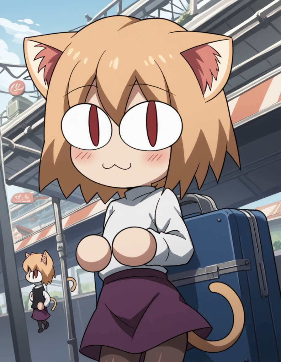 score_9, score_8_up, score_7_up, source_anime, <lora:carnivalphantasm-neco-arc-ova-ponyxl-lora-nochekaiser:1>, neco arc, short hair, blonde hair, red eyes, animal ears, tail, cat ears, chibi, cat tail, slit pupils,, skirt, pantyhose, sweater, purple skirt,, train station, waiting for train, suitcase, traveling, commute, city skyline, hands behind back,, , looking at viewer, hands on stomach, blush,, solo,, dutch angle, cowboy shot