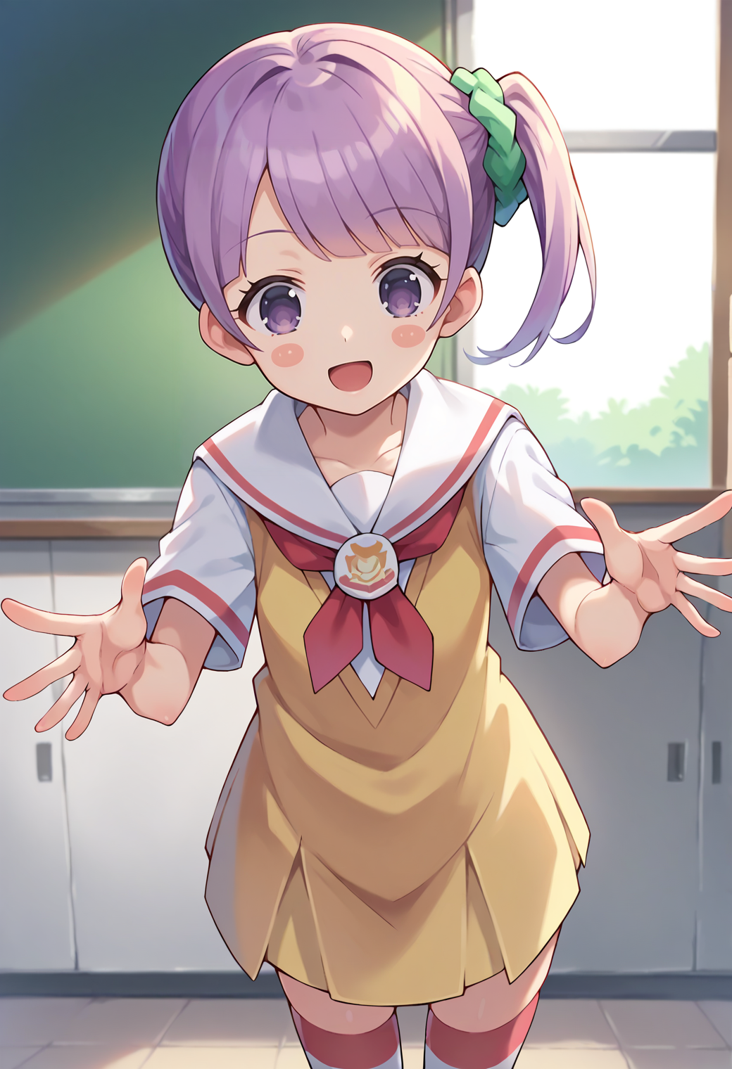 score_9, score_8_up, score_7_up, score_6_up, score_5_up, score_4_up, source_anime,
defnonb, side ponytail, hair scrunchie, blush stickers, 
school uniform, yellow dress, white sailor collar, short sleeves, thighhighs, striped,
looking at viewer, smile, open mouth, 
<lora:_manaka_non-elesico-pony-e12:0.9>
