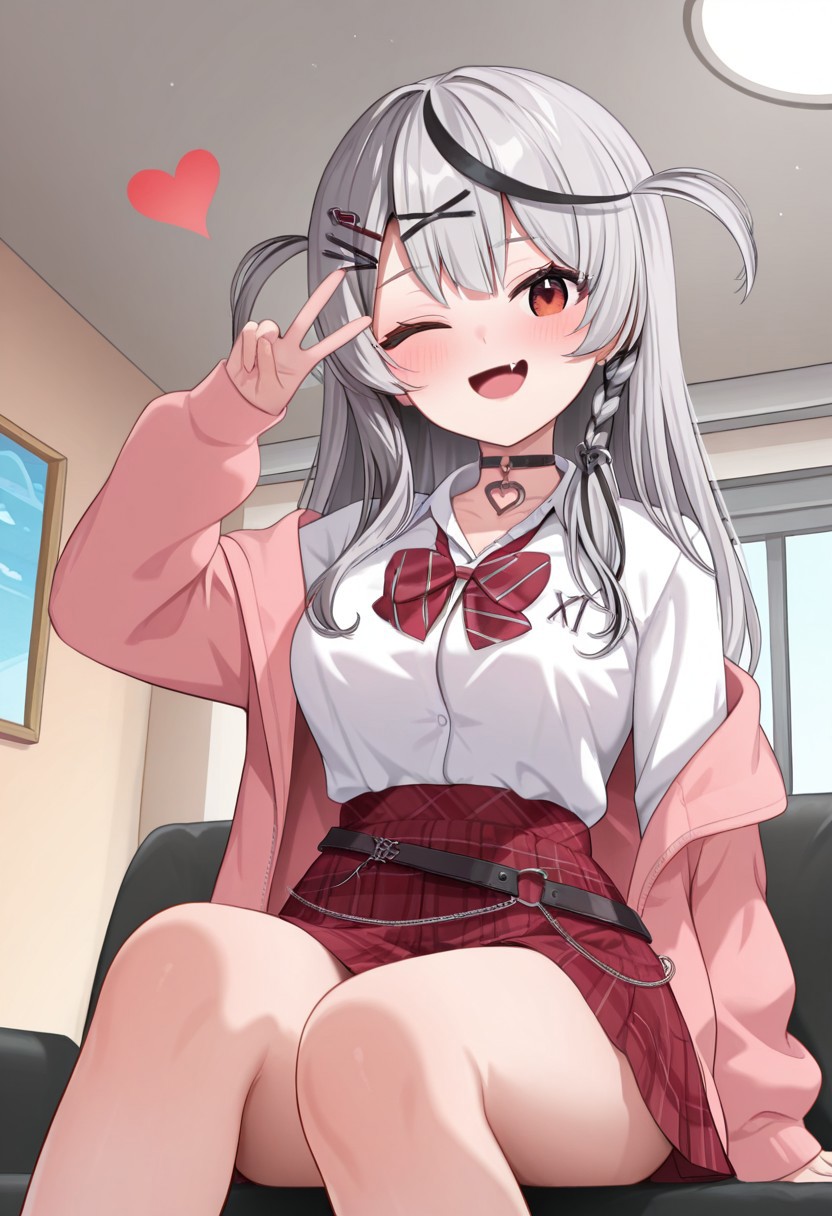 masterpiece, best quality, amazing quality, very aesthetic, high resolution, ultra-detailed, absurdres, newest, scenery, (cartoon), parody, sc1, sakamata chloe, virtual youtuber, solo, 1girl, grey hair, black hair, multicolored hair, streaked hair, long hair, bangs, red eyes, fang, hair ornament, x hair ornament, hairclip, shirt, white shirt, plaid skirt, skirt, plaid, red skirt, bowtie, collared shirt, black choker, long sleeves, belt, jacket, open jacket, bedroom, looking at viewer, sitting on couch, view from below, hand sign, wink, floating heart, cute, open mouth