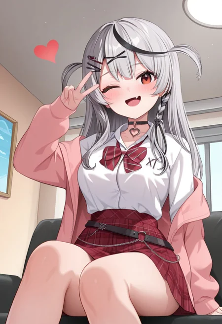 masterpiece, best quality, amazing quality, very aesthetic, high resolution, ultra-detailed, absurdres, newest, scenery, (cartoon), parody, sc1, sakamata chloe, virtual youtuber, solo, 1girl, grey hair, black hair, multicolored hair, streaked hair, long hair, bangs, red eyes, fang, hair ornament, x hair ornament, hairclip, shirt, white shirt, plaid skirt, skirt, plaid, red skirt, bowtie, collared shirt, black choker, long sleeves, belt, jacket, open jacket, bedroom, looking at viewer, sitting on couch, view from below, hand sign, wink, floating heart, cute, open mouth