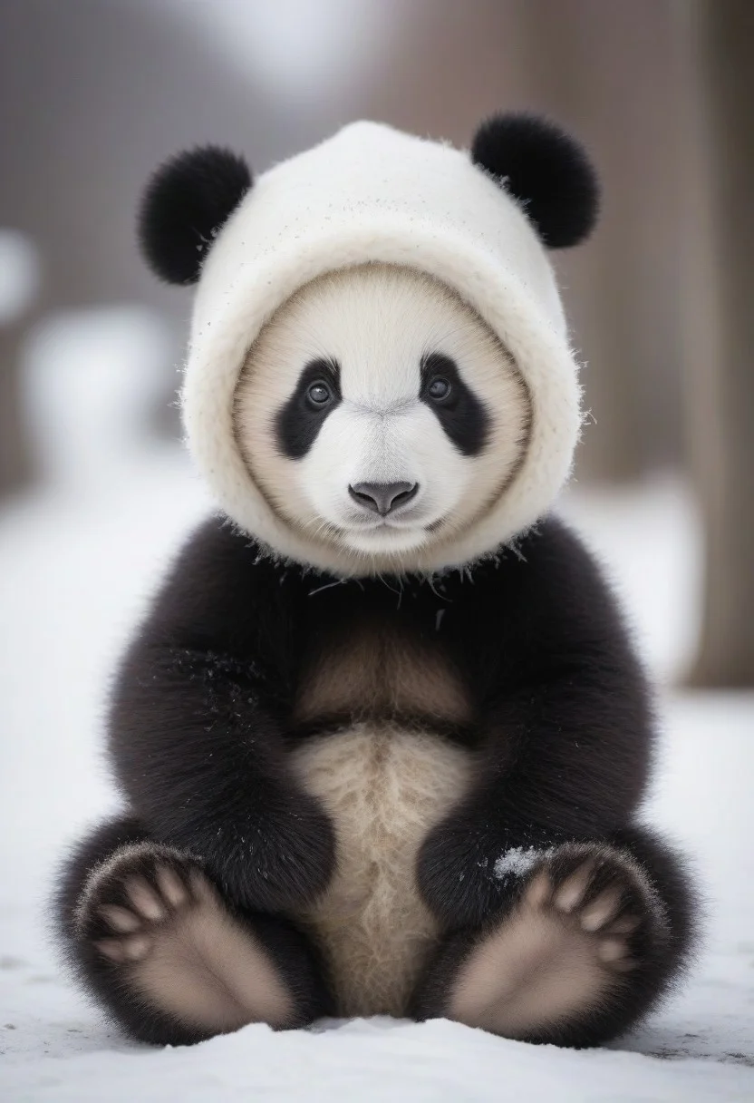 A close-up photo of an adorable Baby panda bear sitting on a snowy sidewalk, wearing a cozy winter hat with soft, fluffy ear flaps. The bear looks content and snug, with the winter landscape blurred in the background, creating a charming and warm contrast between the cold environment and the cozy appearance of the panda . The hat adds a cute and whimsical touch to the scene, making it perfect for a winter-themed setting.
