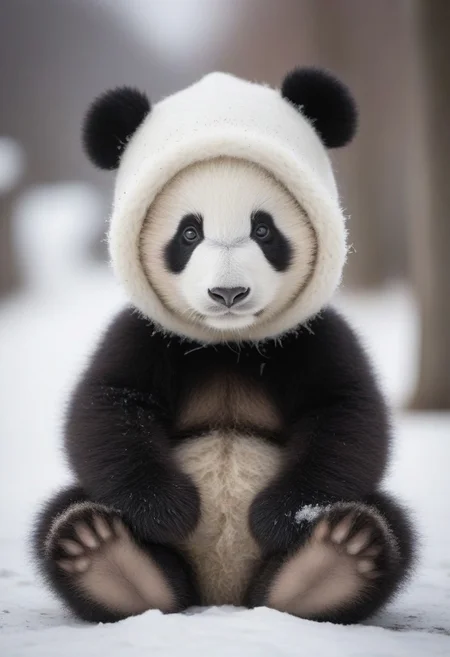 A close-up photo of an adorable Baby panda bear sitting on a snowy sidewalk, wearing a cozy winter hat with soft, fluffy ear flaps. The bear looks content and snug, with the winter landscape blurred in the background, creating a charming and warm contrast between the cold environment and the cozy appearance of the panda . The hat adds a cute and whimsical touch to the scene, making it perfect for a winter-themed setting.
