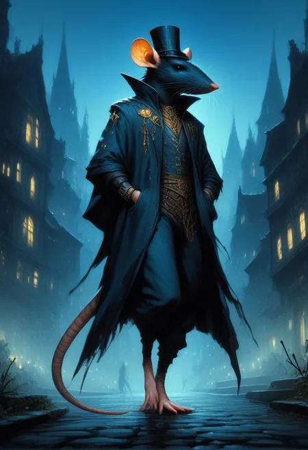 BREAK score_9, score_8_up, score_7_up, night time, city, ominous, rat, top hat, cloak, smug, hands in pockets, gold ring, pocket watch, walking cane, full body shot, (one tail: 1.5)
(masterpiece, best quality, ultra detailed, intricate details:1.2), (detailed face:1.1), (rat folk:1.5) <lora:RPGRatFolkXL:1>