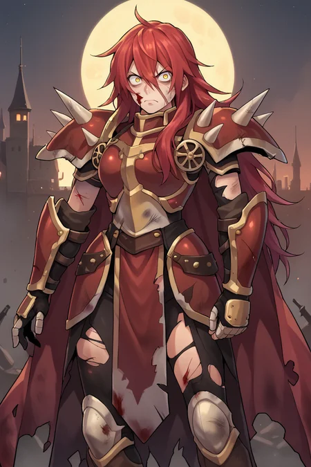 score_9, score_8_up, score_7_up, score_6_up, source_anime, BREAK, <lora:GulcasaPonyXL:0.8> , guldef, 1boy, red hair, long hair, yellow eyes, armor, full armor, spikes, shoulder armor, shoulder spikes, cape, red cape, pauldrons, gauntlets, greaves, solo, cowboy shot, looking at viewer, serious expression, angry, hand outstretched, <lora:zy_Detailed_Backgrounds_v1:0.3> , detailed background, highly detailed, exterior, castle, fortress, night, battlefield, wasteland, cuts, bruises, damaged, torn clothes, blood, <lora:Constricted_Pupils_Pony:0.5> , constricted pupils, <lora:Concept Art Eclipse Style LoRA_Pony XL v6:0.35> ,