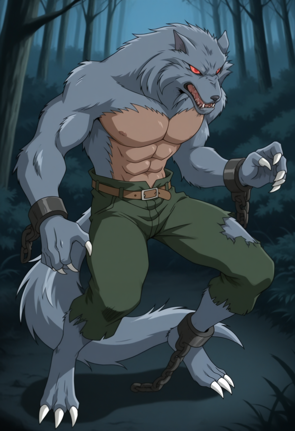 masterpiece,best quality,amazing quality, 1boy, solo, z0mb13W, werewolf, grey fur, colored sclera, brown chest, broken handcuffs, single broken leg shackle, green pants, brown belt, full body, tail,
