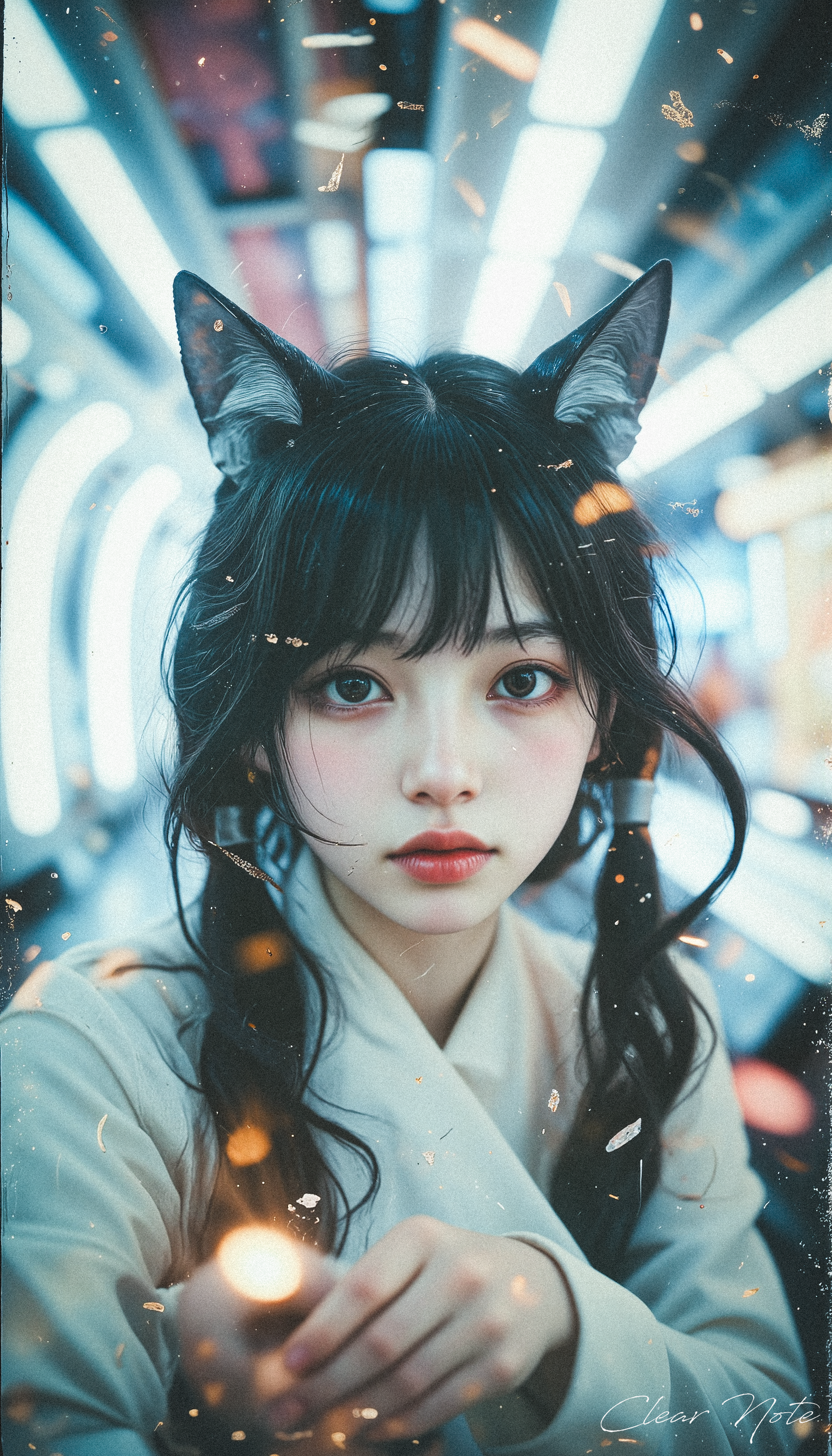 Neo Photorealistic Art Style, A Japanese girl with long fox ears and flowing black hair stands in cutting-edge white couture. Against a futuristic, intricate white backdrop, she embodies surreal Neo-Japan elegance, merging avant-garde fashion with ethereal minimalism.