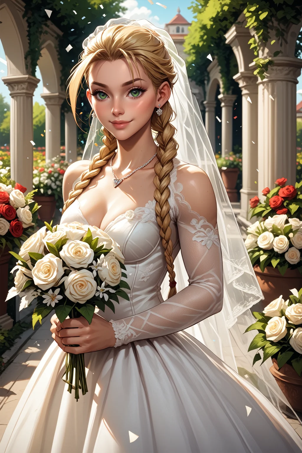 score_9, score_8_up, score_7_up,
<lora:SFCammy:0.9>
SFCammy, 1girl, blonde hair, long hair, twin braids, green eyes, looking at viewer, garden, wedding dress, necklace, smile, bouquet, day, confetti, cowboy shot, standing