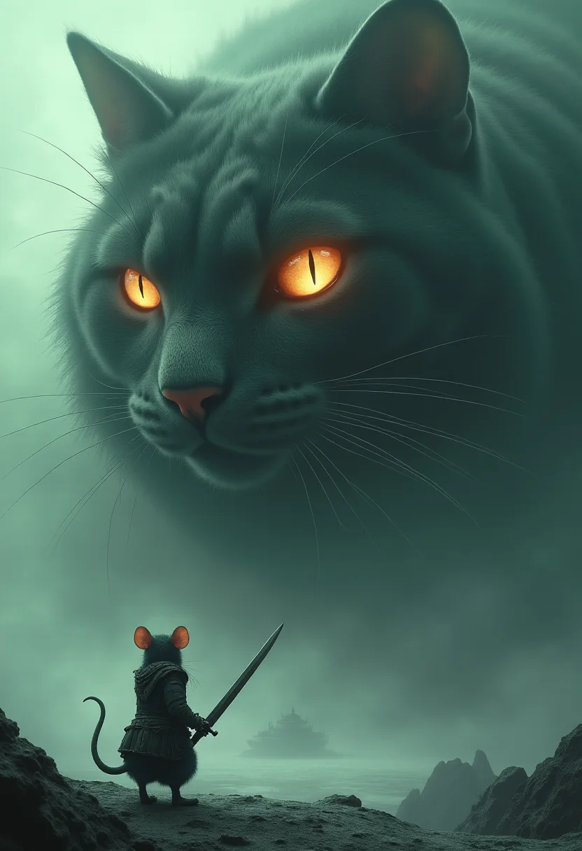 a striking and surreal scene that combines elements of both the natural world and fantasy. Dominating the composition is a massive cat filling almost the entire frame. The cat is highly detailed, with a slit-like pupil that suggests it belongs to a large, powerful creature, perhaps a giant cat or another mythical being. In the lower portion of the image, a solitary anthro rat figure stands before the cat, dressed in a warrior armor and holding sword. The figure is tiny in comparison to the colossal cat, emphasizing the vast difference in scale and power between the two and looks like final boss fight. The rat stands on a surface that appears to be water or mist, which reflects the eerie, otherworldly light that surrounds the scene. The atmosphere is misty and dreamlike, adding to the sense of mystery and awe. Overall, the image is both dramatic and thought-provoking, blending cultural elements with a fantastical imagination to create a visually captivating scene.