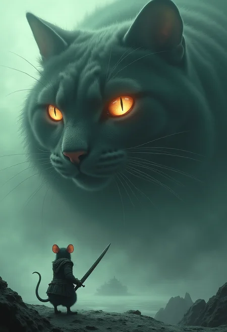 a striking and surreal scene that combines elements of both the natural world and fantasy. Dominating the composition is a massive cat filling almost the entire frame. The cat is highly detailed, with a slit-like pupil that suggests it belongs to a large, powerful creature, perhaps a giant cat or another mythical being. In the lower portion of the image, a solitary anthro rat figure stands before the cat, dressed in a warrior armor and holding sword. The figure is tiny in comparison to the colossal cat, emphasizing the vast difference in scale and power between the two and looks like final boss fight. The rat stands on a surface that appears to be water or mist, which reflects the eerie, otherworldly light that surrounds the scene. The atmosphere is misty and dreamlike, adding to the sense of mystery and awe. Overall, the image is both dramatic and thought-provoking, blending cultural elements with a fantastical imagination to create a visually captivating scene.