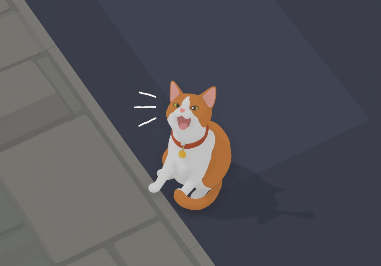 overhead perspective g00se art with smooth textureless style with muted pastel palette of a tabby cat with its mouth open meowing with sound lines on a city street at night<lora:g00se.safetensors:1.0:1.0>