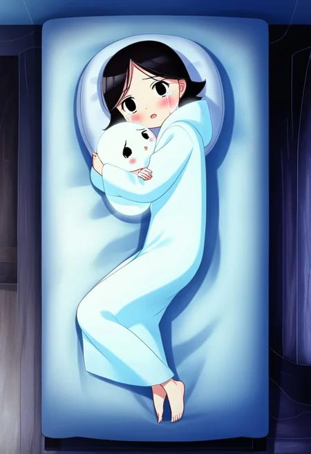 zPDXL3, source_cartoon, Perfect Hands, full body,
1girl, solo, bedroom, looking at viewer, saoirse, black hair, black eyes, blush, ghost, hood up, robe, barefoot, glowing, lying on bed, from above, lying on side, facing at viewer, feeling cold, eyes open, crying sadly, open mouth, sleeve past wrist, slim body, long body, highlight cloth wrinkle, anime style, hugging a shell,
<lora:Perfect Hands:1> <lora:Saoirse_-_The_Song_of_the_Sea-000009:1>