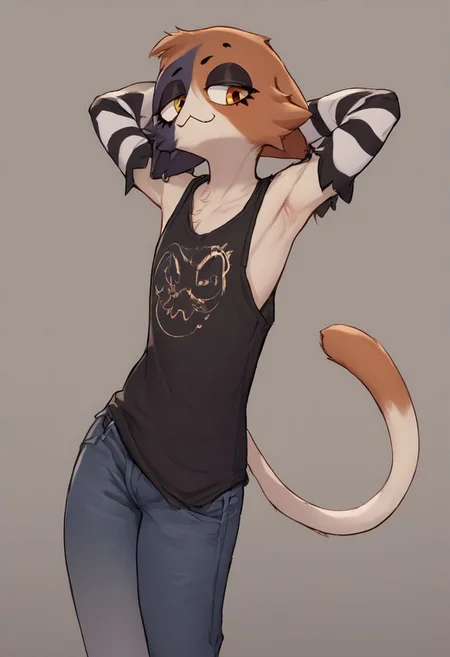 score_9, score_8, score_7, source_anime, highly detailed, 1boy, solo, furry, meowskullFN, sleeveless, short, girly, hands behind head, armpit fetish, jeans, detached sleeves, striped sleeves