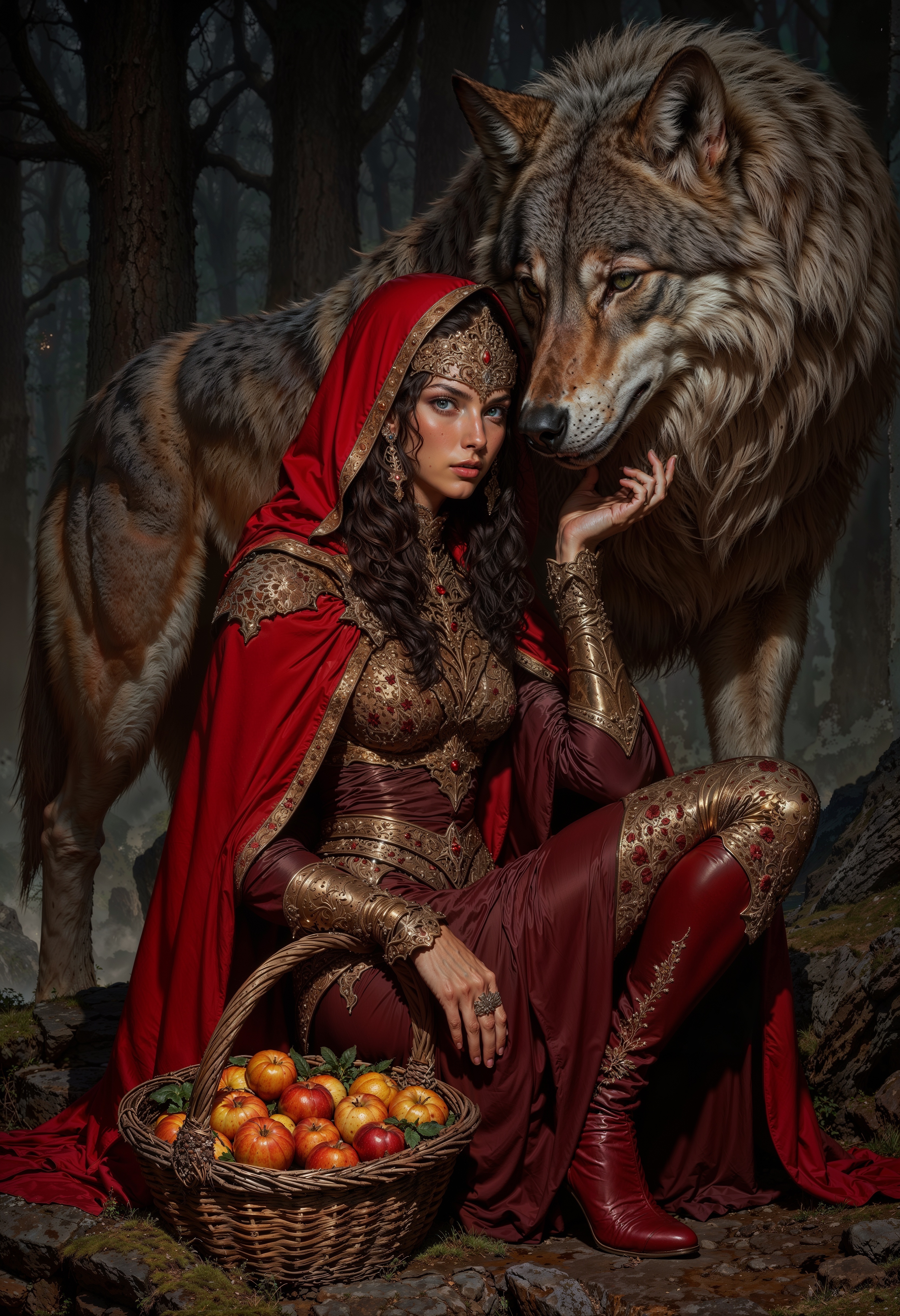 Highly detailed and dramatic digital artwork featuring a fantasy scene set in a misty forest. The layout is vertical, focusing on a young woman with fair skin and long, dark hair, wearing a red hooded cloak and a matching dress with intricate lace details. She is seated on the forest floor, leaning against a large, realistic wolf with a thick, gray fur coat. The woman's expression is serene, and she holds a basket filled with bright orange apples. The background is filled with tall, shadowy trees, creating a mysterious and enchanting atmosphere. The overall color palette is rich and earthy, with deep reds, browns, and greens, enhancing the fairy tale theme of the image. <lora:FluxMythV2:0.6> <lora:ck-painterly-fantasy:0.6> <lora:flux.1_lora_flyway_Epic-detail_v2:0.5> <lora:RetroAnimeFluxV1:0.7>