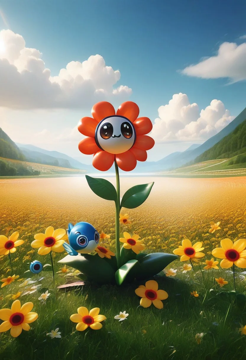 score_9, score_8_up, masterpiece, extremely detailed, best quality, highres, Latex, googly eyes, humming bird, flower field, scenery