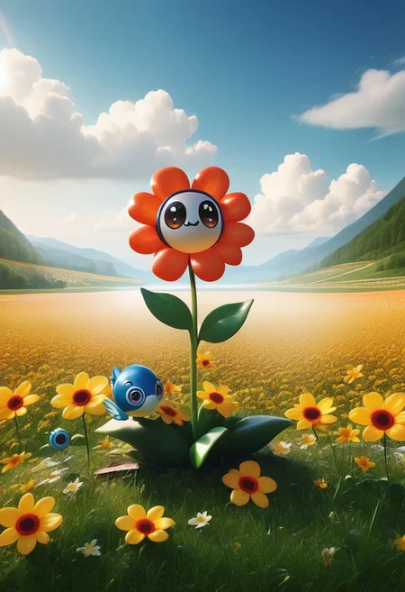 score_9, score_8_up, masterpiece, extremely detailed, best quality, highres, Latex, googly eyes, humming bird, flower field, scenery