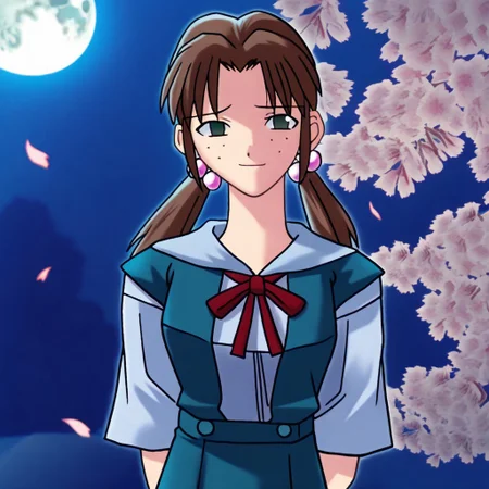 masterpiece, best quality, outdoors, moon, night, moonlight, sakura, sakura trees, looking at viewer, <lora:Tsukihime NXL:1>,masterpiece, best quality, very aesthetic, absurdres,1girl, hikari horaki, brown hair, twintails, freckles, hair bobbles, long hair, black eyes,ribbon, short sleeves, suspender skirt, tokyo-3 middle school uniform,
arms behind back, sad smile, upper body, looking at viewer, solo, <lora:HikariHorakiNoobXL_byKonan:1>