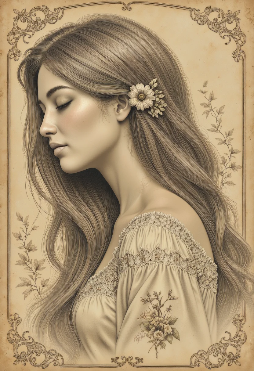 A light graphite pencil sketch of a young woman in profile, softly detailed, her eyes closed and expression serene. Her long, flowing hair is gently outlined with loose, fine strokes, blending into a pale, textured background. She wears a vintage dress with puffed sleeves and delicate lace trim, rendered in faint tonal shading. A single embroidered flower is stitched into the shoulder lace. The image is bordered by a thin, delicate etched border, lightly aged. Behind her, there are faint outlines of ghosted vines in the background, like a faded memory. The entire image has a light, ethereal quality, like a forgotten storybook page. The artwork is done in the style of a traditional pencil illustration with a minimal sepia wash, on aged cream paper. <lora:illustration20FLUX20.XsbF:0.5000000000000001> <lora:SkoolDaze_Portrait_Style-000014:0.8000000000000002> <lora:Charcoal_V2:0.5500000000000002> <lora:Art_In_Pencil:0.5500000000000002>