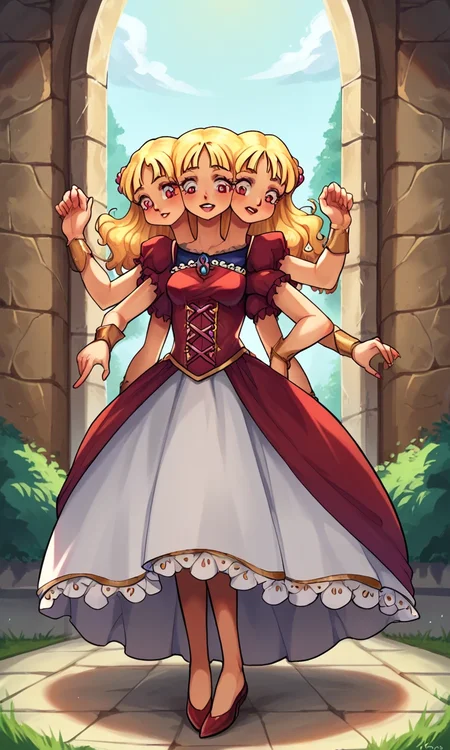source_anime, score_9, score_8_up, score_7_up, three heads, four legs, four arms, conjoined, 1girl, multiple girls, dress, castle