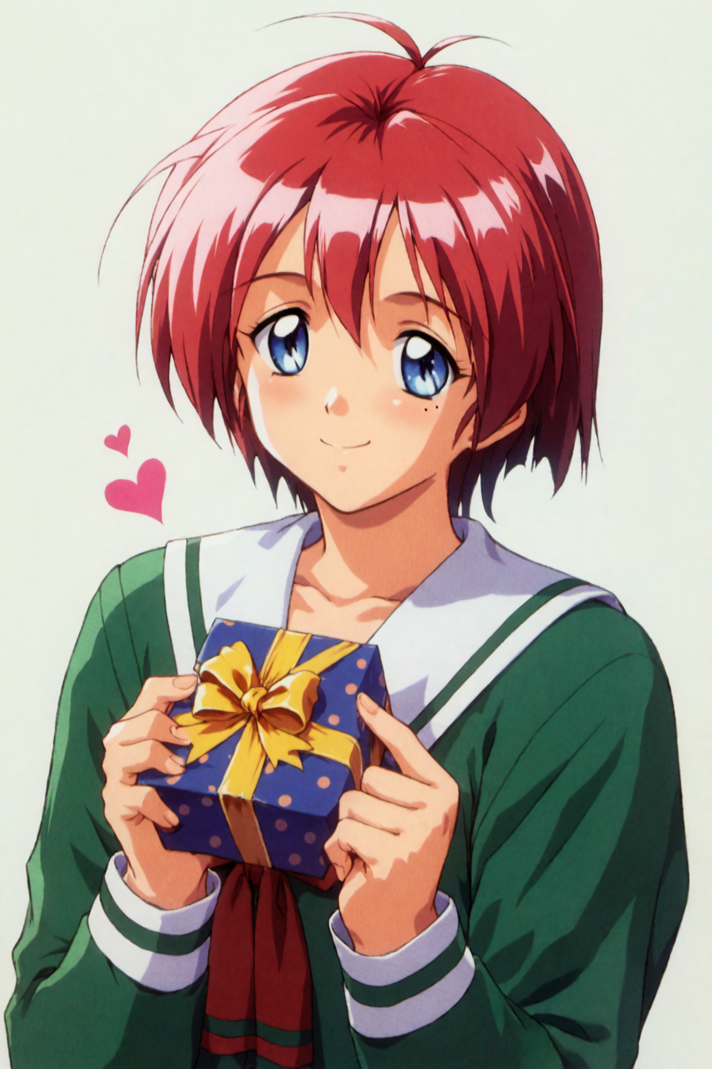 score_9,score_8_up,score_7_up,masterpiece,best quality,
Hinomoto Hikari,1girl,mole under eye,solo,school uniform,green shirt,gift,holding,short hair,blue eyes,red hair,heart,smile,holding gift,simple background,1990s \(style\),gift box,upper body,white background,
<lora:Tokimeki Memorial 2_XL_PONY:0.9>,